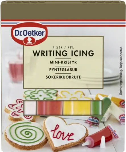 Dr. Oetker Writing Icing Pynteglasur og Dr. Oetker krymmel (evt)