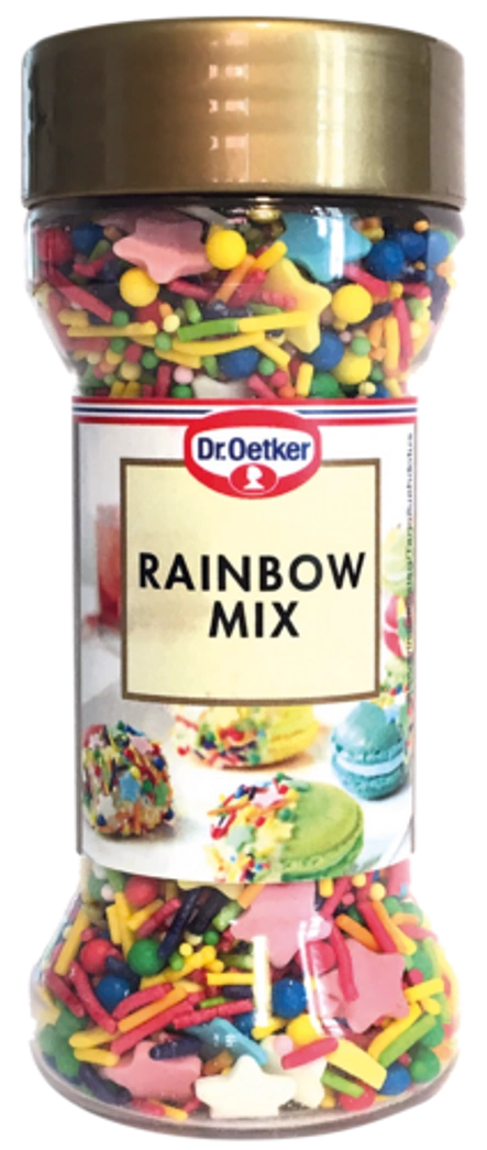 Dr. Oetker Rainbow Mix og 9-11 stk. Haribo regnbuebånd klippet i halve