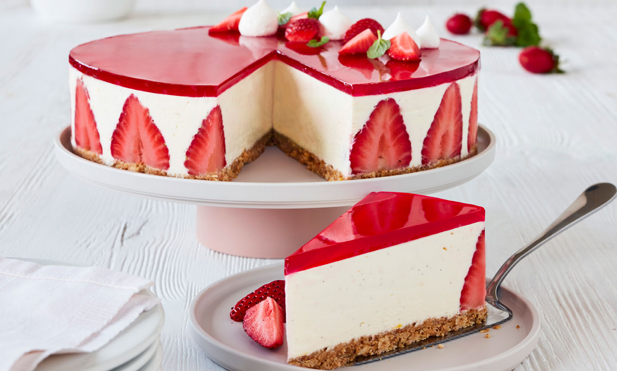 Cheesecake med vanilje og jordbær gelé